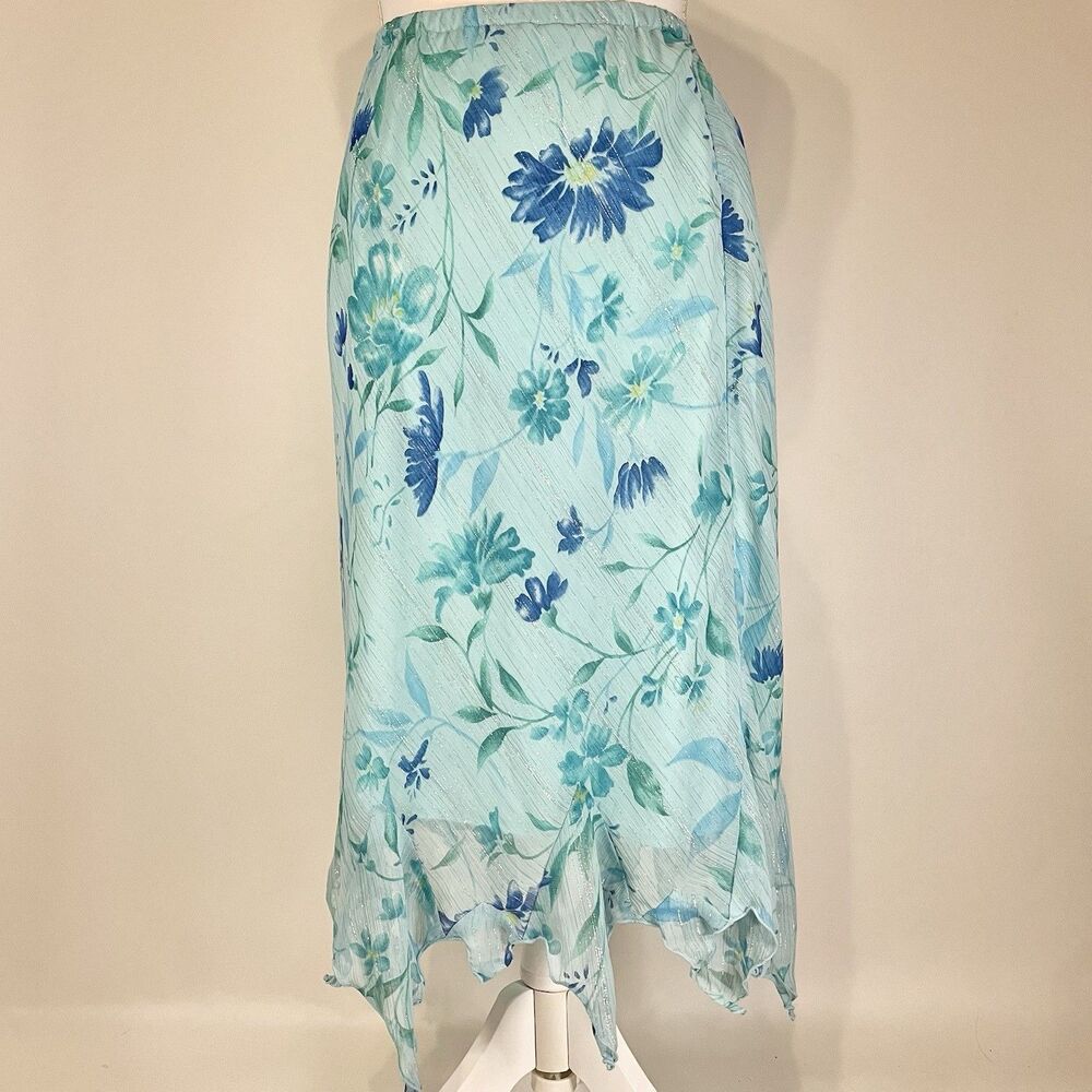 Y2K Blue Floral Handkerchief Hem Midi Skirt Size 8 Fairycore Cottagecore